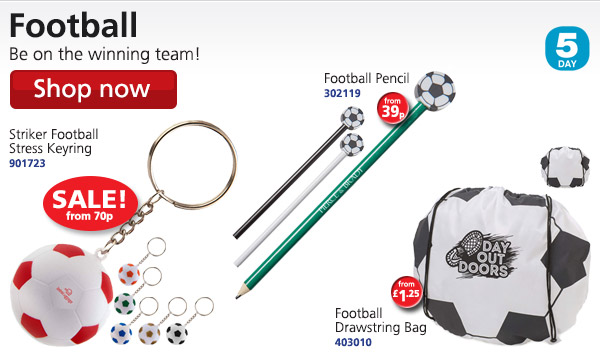 Football: Be on the winning team! Striker Football Stress Keyring 901723 SALE! from 70p; Football Pencil 302119 from 39p; Football Drawstring Bag 403010 5 DAY Shop now