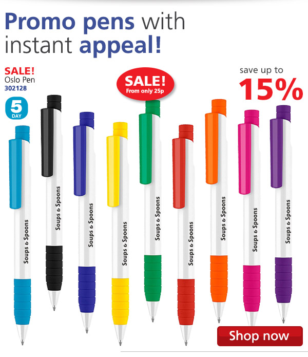 Promo pens with instant appeal! Save up to 15% off the Oslo Pen 302128 on SALE! From only 25p 5 DAY Shop now